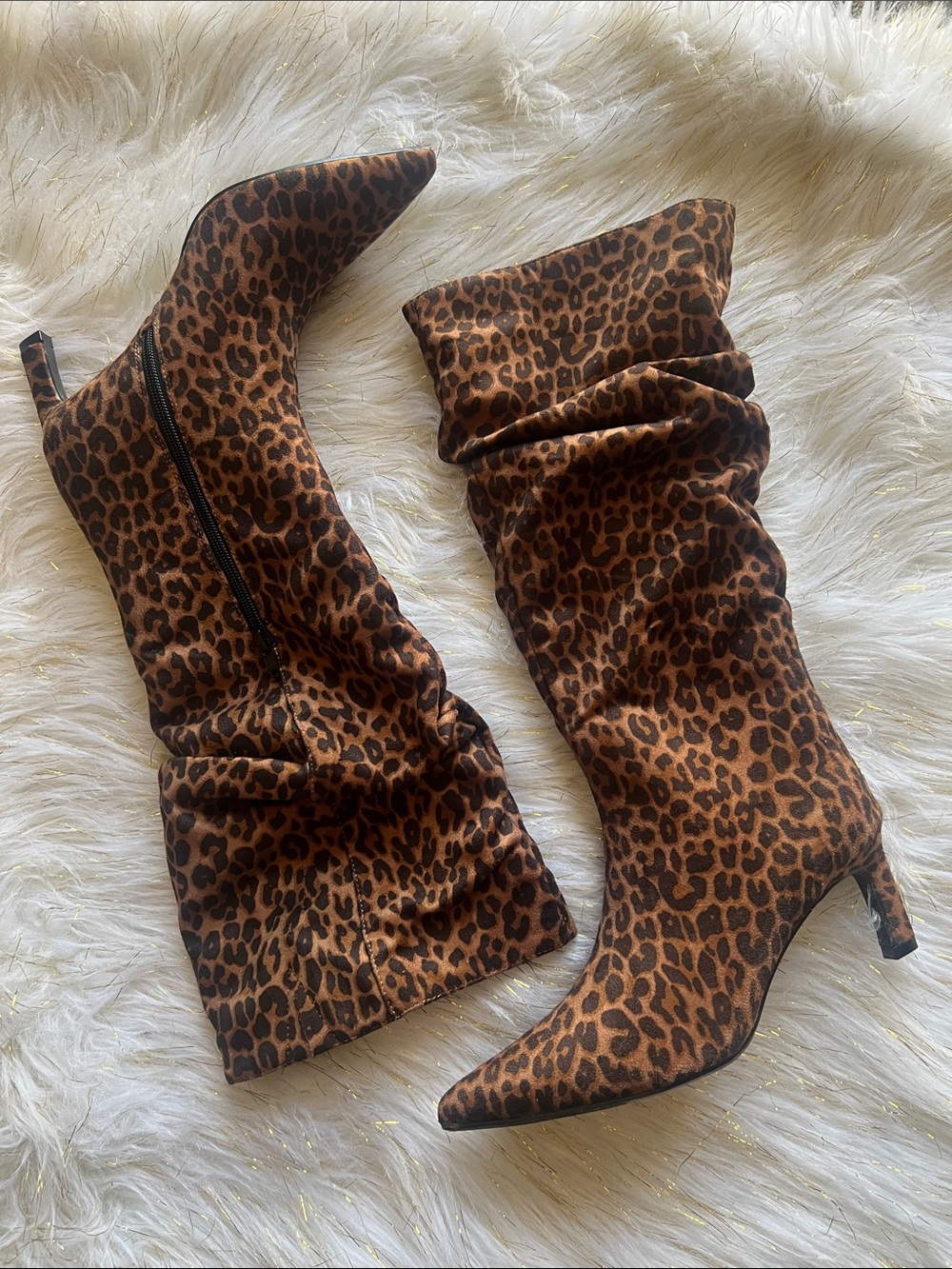 Leopard Print Knee-High Pointed Toe Boots - Brown